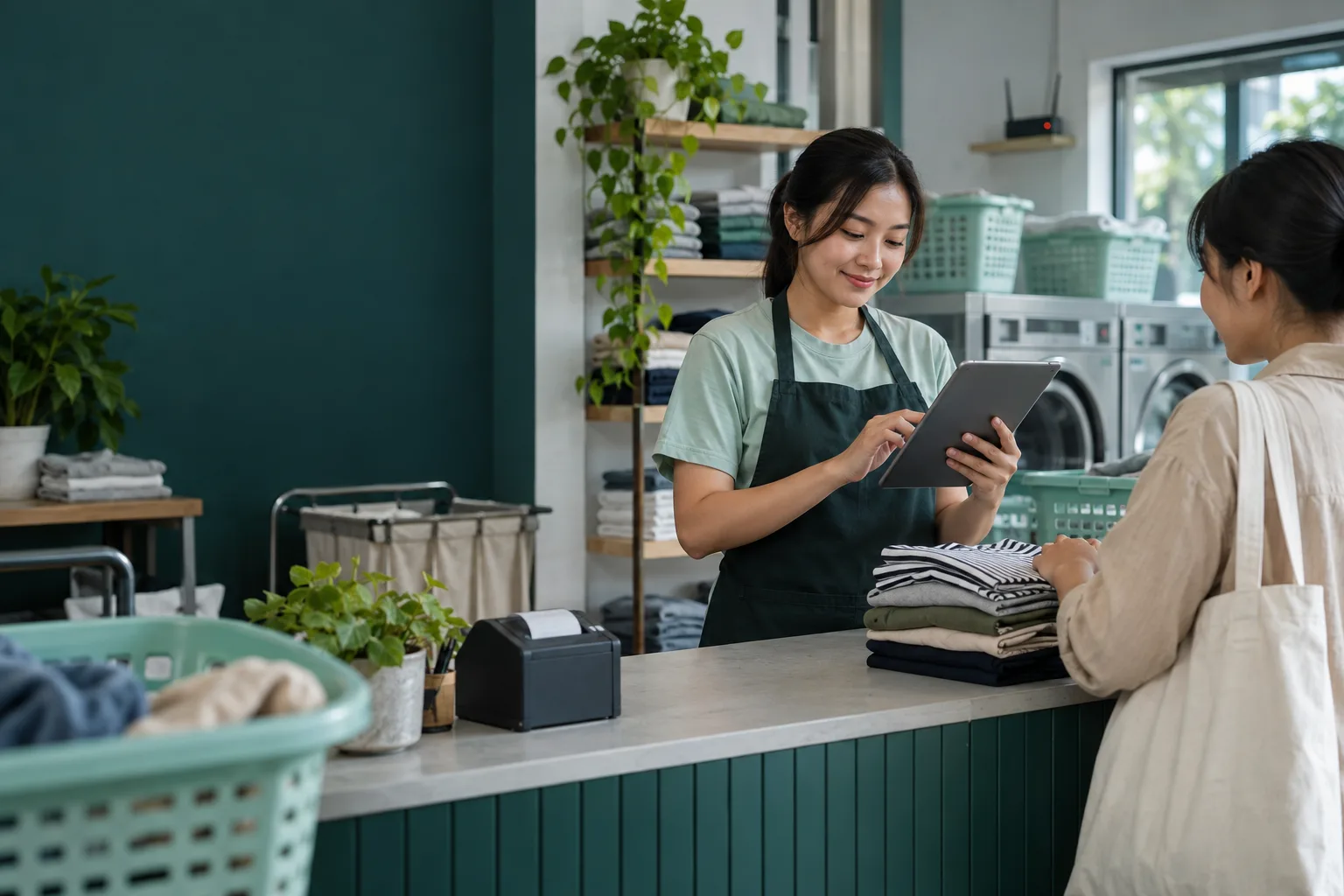 Kasir melayani pelanggan di outlet laundry menggunakan tablet
